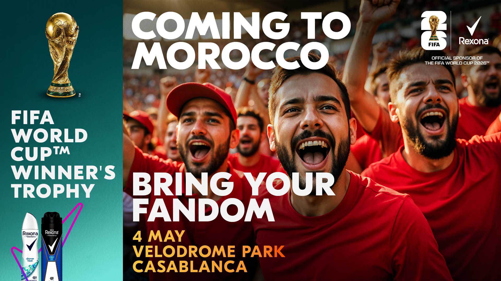 Rexona × FIFA fan key visual in English — wide-format campaign layout featuring the FIFA World Cup trophy and Rexona branding for the Morocco Trophy Tour