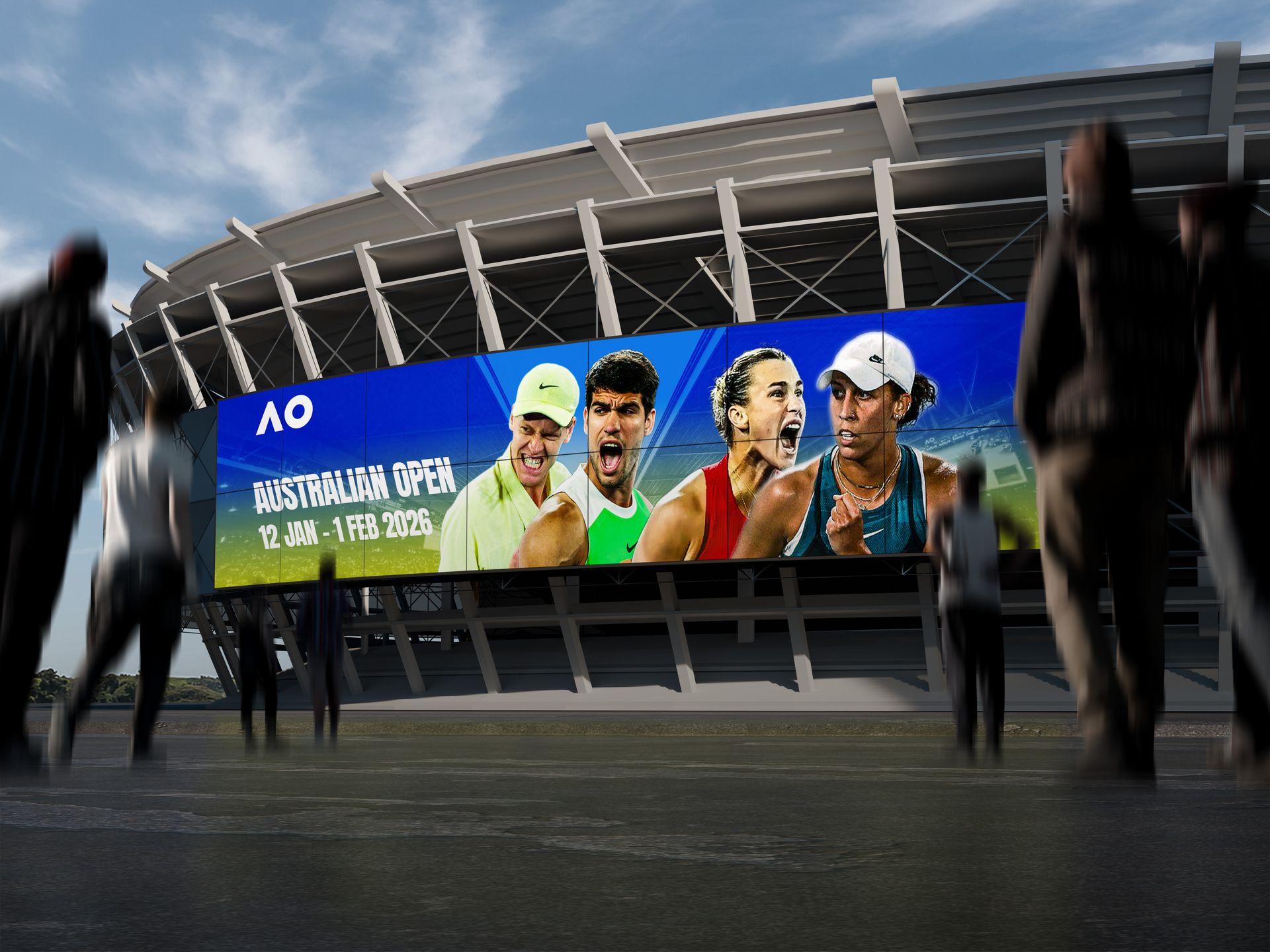 Australian Open 2026 — large-format LED screen on stadium exterior showing the AO campaign with four top players: Sinner, Alcaraz, Sabalenka and Keys