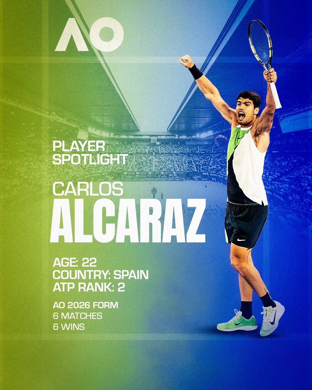 AO 2026 Player Spotlight — Carlos Alcaraz, Age 22, Country Spain, ATP Rank 2, AO 2026 form 6 matches 6 wins, full-body celebration shot